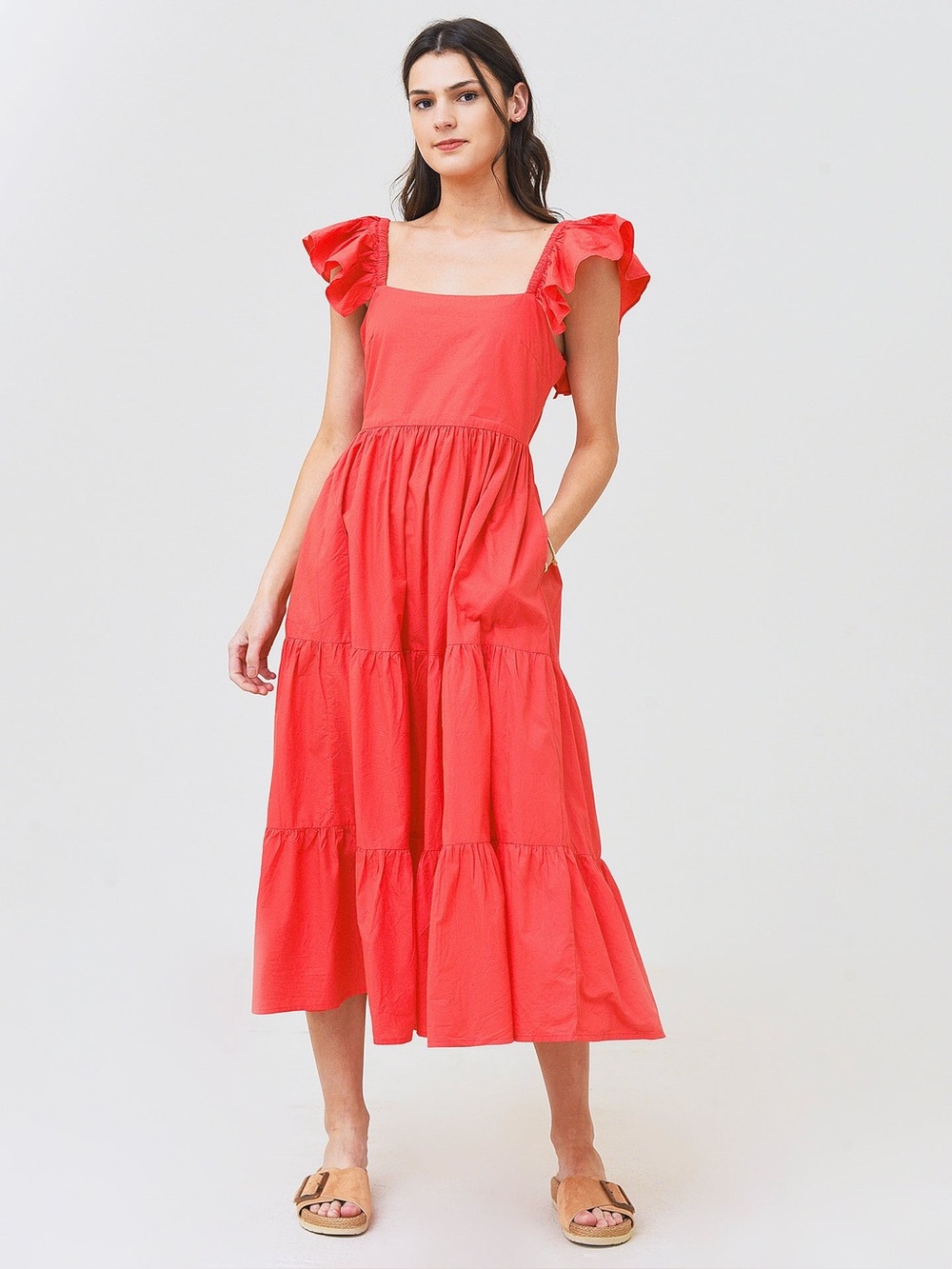 Oliphant Flirty Tie Back Solid Maxi Dress Large Coral Cotton Coastal Resortwear